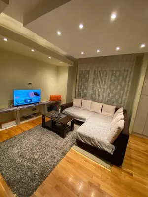 a living room with a couch and a flat screen tv at apartman the one - free parking in Belgrade