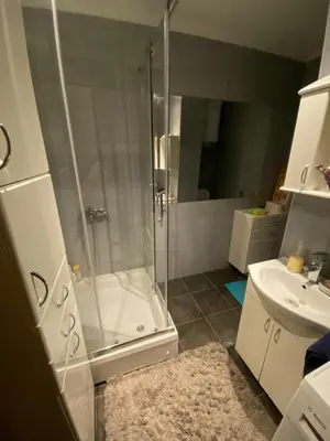a bathroom with a shower and a sink at apartman the one - free parking in Belgrade