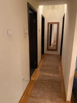 a hallway with two black doors and a rug at apartman the one - free parking in Belgrade