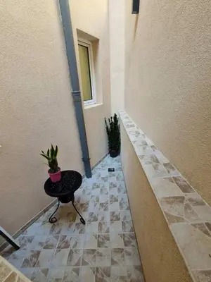 a hallway with a table and potted plants in a building at Belgrade Dawn Apartment in Belgrade