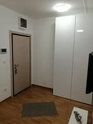 an empty room with a door and a rug at Soft Loft cozy studio with a garage parking place in Belgrade
