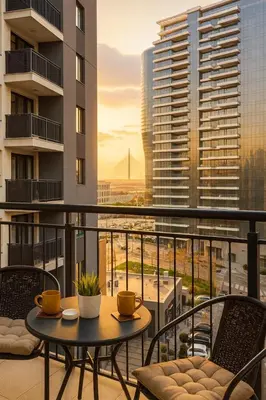 a balcony with a table and chairs and a view of a city at Belgrade Waterfront Lux Apartments in Belgrade