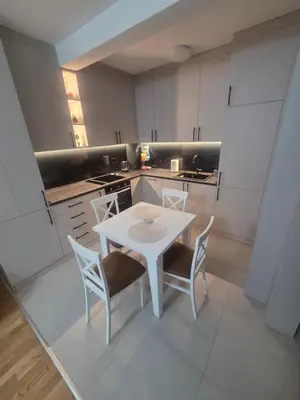a white kitchen with a white table and chairs at Wolf's Wonder in Obrenovac