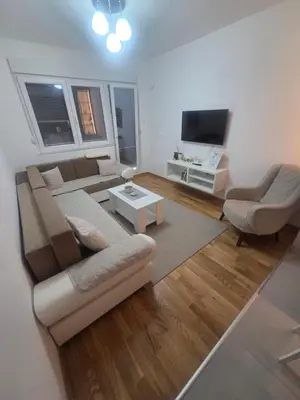 a living room with a couch and a table at Wolf's Wonder in Obrenovac