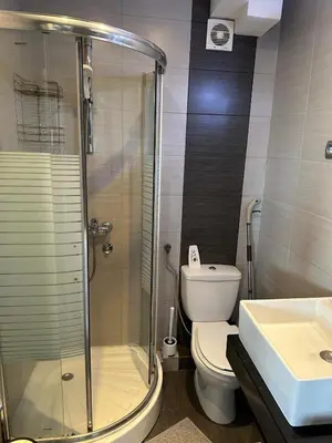 a bathroom with a shower and a toilet and a sink at Temple View Vračar Apartment in Belgrade