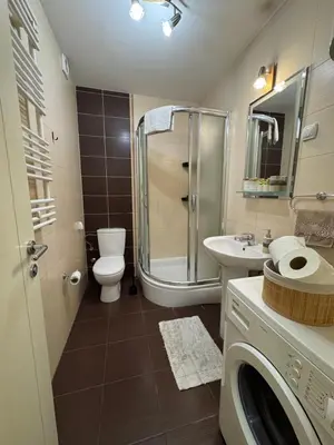 a bathroom with a shower and a toilet and a sink at Apartment 63 in Belgrade