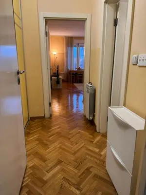 a hallway with a wooden floor and a room with a radiator at Apartment 63 in Belgrade