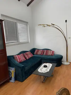 a living room with a green couch and a table at Kosmaj-Suncani Breg