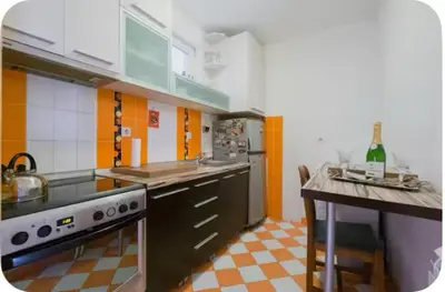 a kitchen with a stove and a table with a bottle of wine at Warm and comfortable two rooms flat in Belgrade