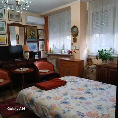 a bedroom with a bed and a desk and a computer at Rajka in Belgrade