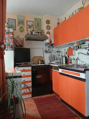 a kitchen with orange cabinets and a black dishwasher at Rajka in Belgrade