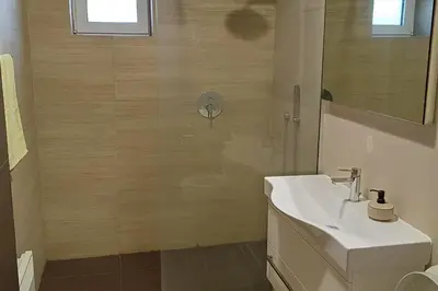 a bathroom with a shower and a white sink at LP apartment in Belgrade