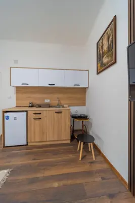 a kitchen with a sink and a table in a room at Nele Belgrade Apartment in Belgrade