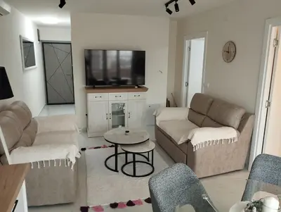 a living room with two couches and a tv at VauDa White apartman in Belgrade