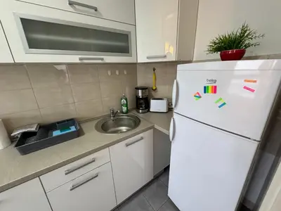 a kitchen with a white refrigerator and a sink at Apartment Zumbul 85 in Belgrade