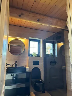 a bathroom with a sink and a toilet and a mirror at Lux Wood in Boljevci