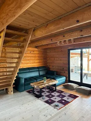 a living room with a green couch and a table at Lux Wood in Boljevci