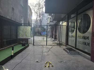 an entrance to a building with a black gate at Studio Slaviya in Belgrade