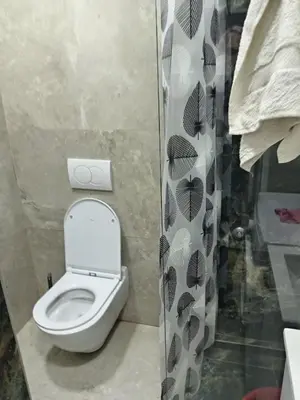 a bathroom with a toilet and a shower curtain at Apartman Jovanović in Belgrade