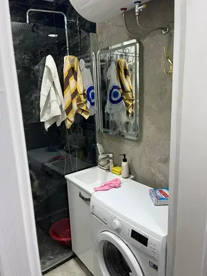 a laundry room with a washing machine and a mirror at Apartman Jovanović in Belgrade