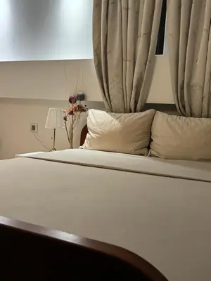a bed with white sheets and curtains in a room at Panajota Apartment in city centre in Belgrade