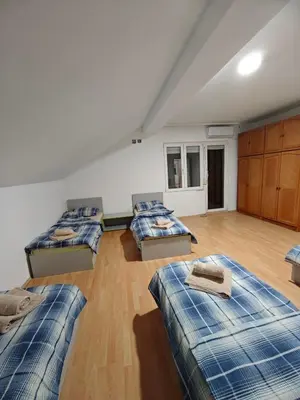 a room with three beds in a room at Čiča 1 in Dobanovci