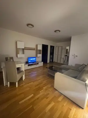 a living room with a couch and a table at D2Apartman 1 in Belgrade