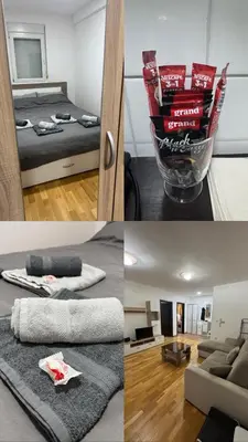 a collage of pictures of a bedroom and a living room at D2Apartman 1 in Belgrade