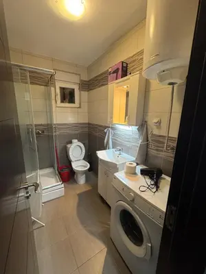 a bathroom with a toilet a sink and a washing machine at D2Apartman 1 in Belgrade