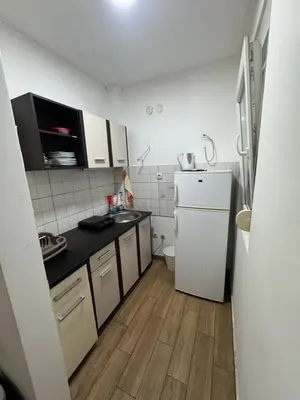 a small kitchen with a sink and a refrigerator at D2Apartman 1 in Belgrade