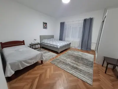 a bedroom with two beds and a rug at Paviljoni apartman in Tošin Bunar