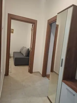 a living room with a bed and a mirror at Paviljoni apartman in Tošin Bunar