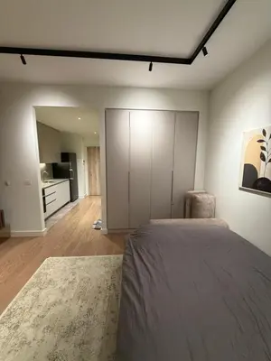 a bedroom with a large bed and a kitchen at Belgrade Waterfront luxury apartment & free parking in Belgrade