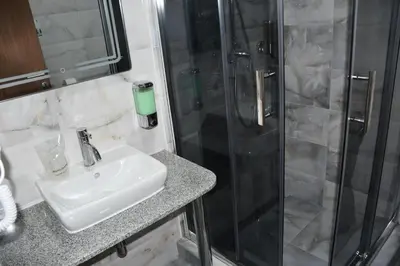a bathroom with a sink and a shower at Villa 1869 Zemun in Belgrade