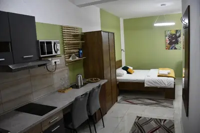 a hotel room with a kitchen and a bedroom at Villa 1869 Zemun in Belgrade