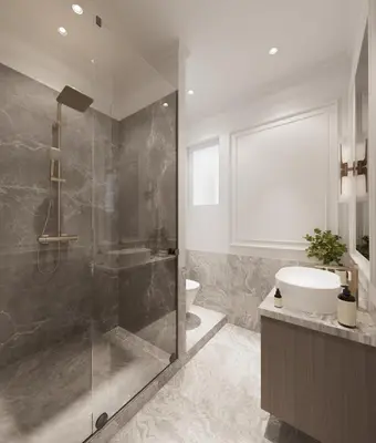 a bathroom with a shower and a toilet and a sink at White Gallo Residences in Belgrade