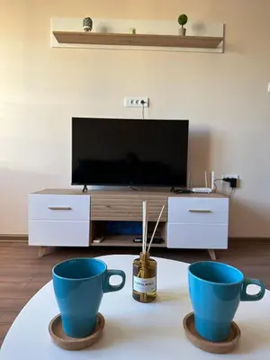 two blue cups sitting on a table in front of a tv at Vojvoda Apartment in Belgrade
