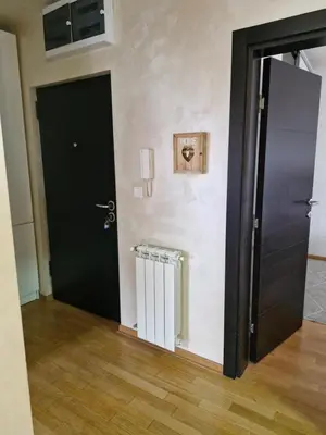 a black door in a room with a wooden floor at Kolet Zemun in Belgrade