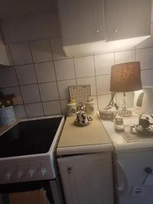 a kitchen with a stove and a lamp on a counter at Apartment Kalis in Belgrade