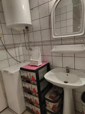 a bathroom with a sink and a toilet and a mirror at Apartment Kalis in Belgrade