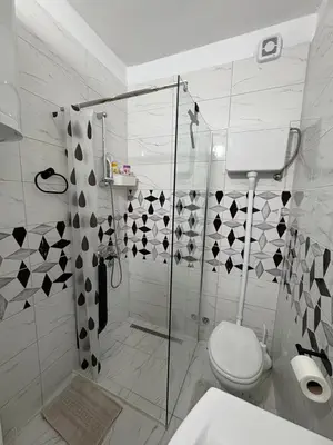 a white bathroom with a shower and a toilet at Apartman Tijana in Ruma