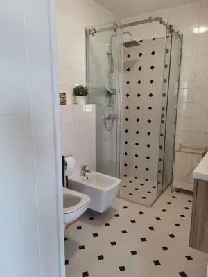 a bathroom with a shower and a toilet and a sink at Pogled Ada 1 in Belgrade