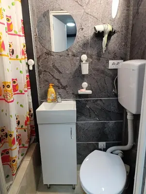 a bathroom with a toilet and a sink and a mirror at Princip Apartman in Belgrade