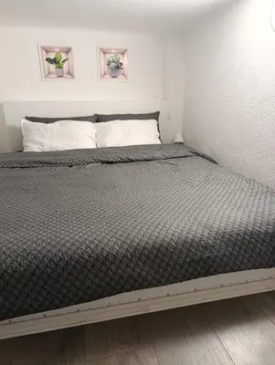 a bed in a bedroom with two pictures on the wall at Princip Apartman in Belgrade