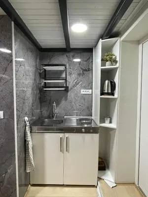 a kitchen with a sink and a counter at Princip Apartman in Belgrade