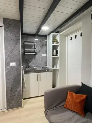 a living room with a couch and a kitchen at Princip Apartman in Belgrade