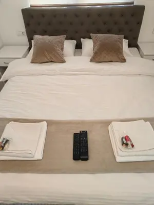 a bed with two plates and a remote control on it at Apartmani B&R in Lazarevac