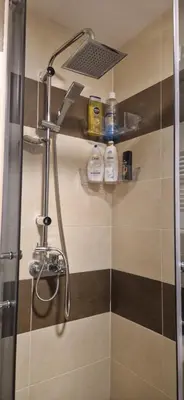 a bathroom with a shower with two bottles on a shelf at ETA Apartments in Belgrade