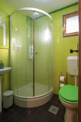 a green bathroom with a shower and a toilet at Morning Star River Retreat - A Boathouse in Belgrade in Belgrade