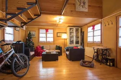 a living room with a christmas tree in a room at Morning Star River Retreat - A Boathouse in Belgrade in Belgrade
